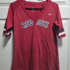 Nike Red Boston Red Sox V‑Neck Tee with Navy & White Sleeve Stripes